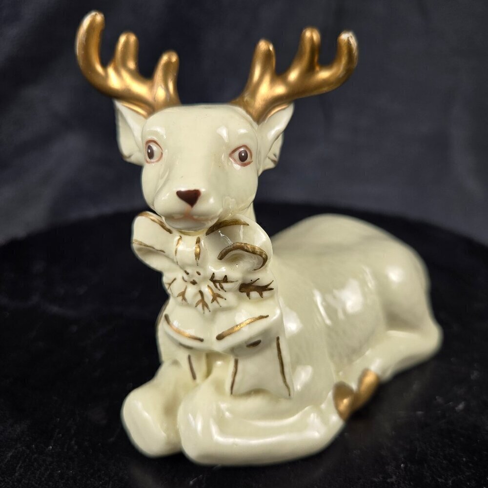 Vintage Ceramic Reindeer Figurine with Bow and Bells Cream Gold Accent Christmas